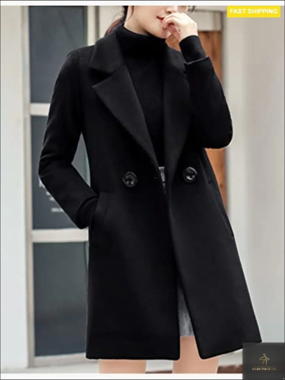 Elegant Notched Collar Wool Blend Long Pea Coat Overcoat Slim Fit Classic